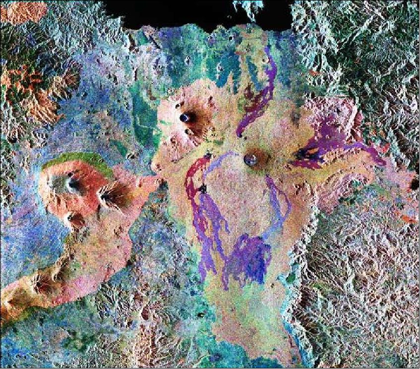 Figure 7: SIR-C/X-SAR false color composite of Central Africa, obtained on Oct. 3, 1994 (image credit: NASA)