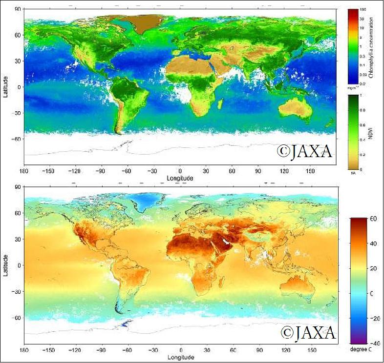 Figure 22: August, 2019, Top: Chlorophyll-a concentration and normalized difference vegetation index. Bottom: Sea and land surface temperature (image credit: JAXA)