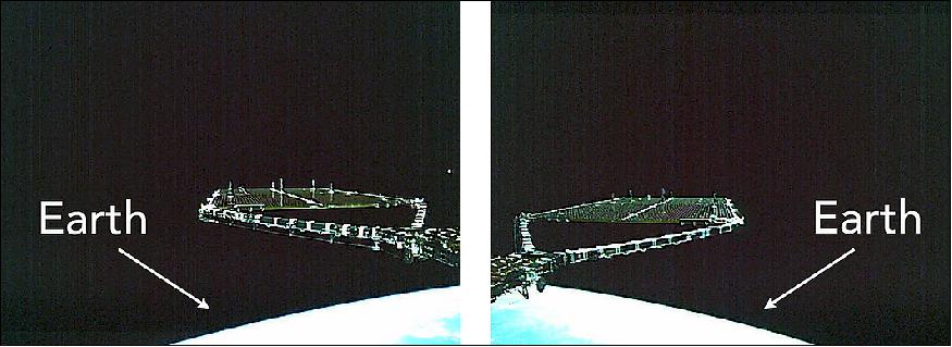 Figure 13: Images captured by the Shikisai onboard cameras following solar array deployment. Left: Solar array paddle 1 (+Y side); Right: Solar array paddle 2 (-Y side), image credit: JAXA