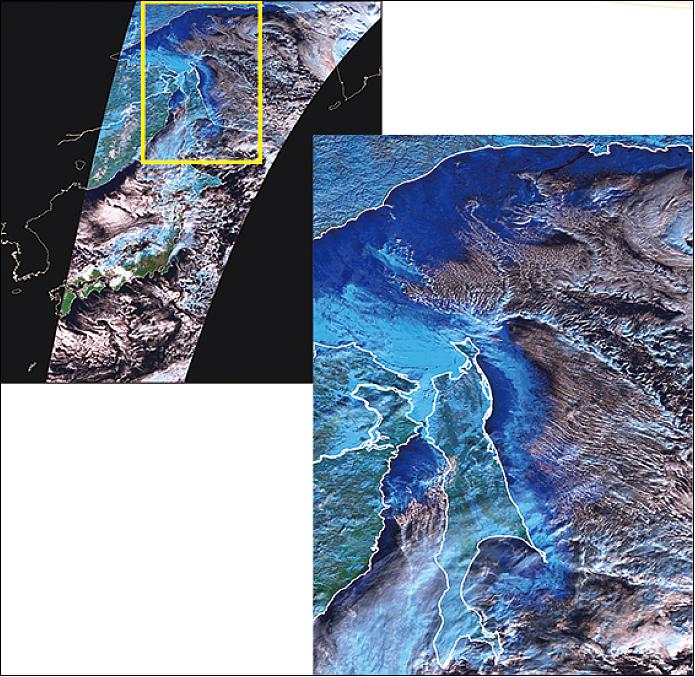 Figure 11: This image is a false color composite (reflectances of SGLI SW3, VN11, VN8 channels are assigned to red, green, and blue colors) image of 250 m spatial resolution captured over the Okhotsk Sea and Japan islands with SGLI onboard the SHIKISAI around 10:20 (JST) on 6 January 2018. Snow and sea ice are shown in deep blue while water and ice clouds are seen in white and light blue, respectively. Sea ice are formed along the eastern coast of the Eurasia Continents and spreads along the east side of Sakhalin flowing down to the south (image credit: JAXA/EORC)