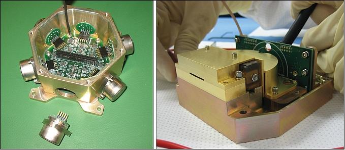 Figure 7: The accelerometer subsystem (left) and the WTS (Wind and Temperature Spectrometer) at right, (image credit: UCB)
