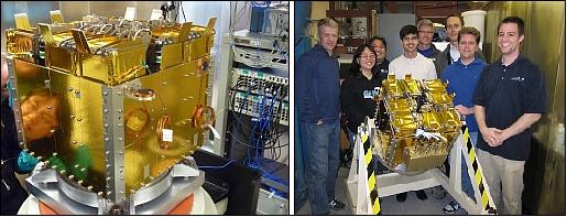 Figure 22: Photos of the integrated OUTSat P-PODs in the NPSCuL platform (left) along with the proud NPS students (left), image credit: NRO, NPS