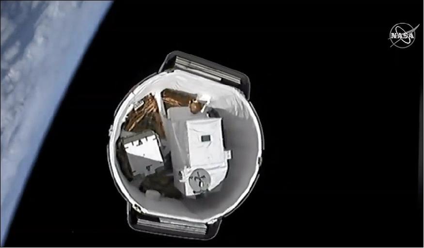 Figure 2: A forward-facing video camera on-board the Falcon 9's second stage showed the Dragon capsule separating from the rocket nearly 10 minutes after liftoff /image credit: SpaceX, NASA, Ref. 2)