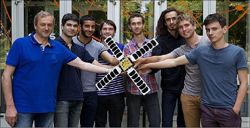 Figure 4: Photo of the EyeSat student team and Pascal Martinelli (left), their CNES supervisor with the EyeSat nanosatellite (image credit: CNES, EyeSat Team) 8)