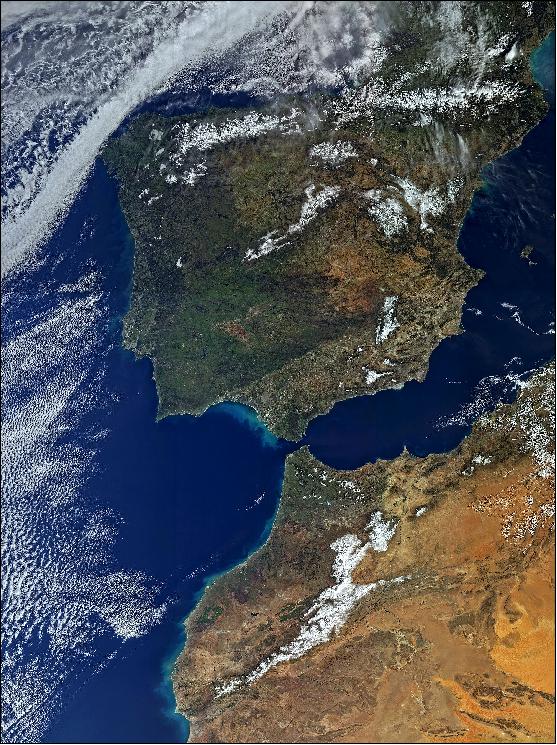 Figure 59: OLCI image of Sentinel-3 acquired on March 1, 2016 showing the Strait of Gibraltar, Spain Portugal and North Africa (image credit: ESA)