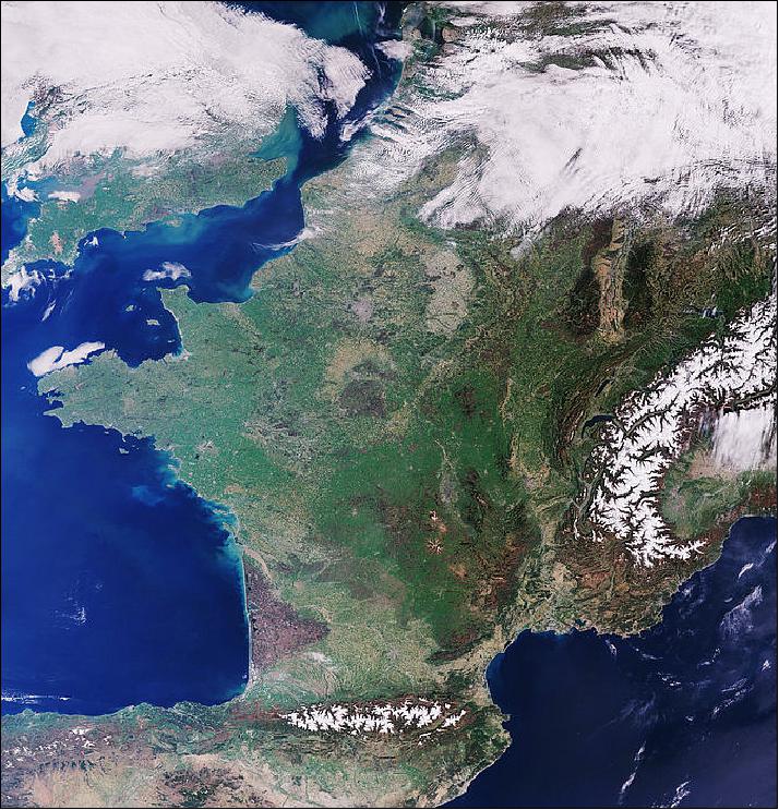 Figure 41: This image of France was captured by the Copernicus Sentinel-3A satellite's OLCI (Ocean and Land Color Instrument) on 7 April 2017. OLCI monitors ocean ecosystems, supports crop management and agriculture, and provides estimates of atmospheric aerosol and clouds – all of which bring significant benefits through more informed decision-making (image credit: ESA, this image contains modified Copernicus Sentinel data (2017), processed by ESA, CC BY-SA 3.0 IGO)