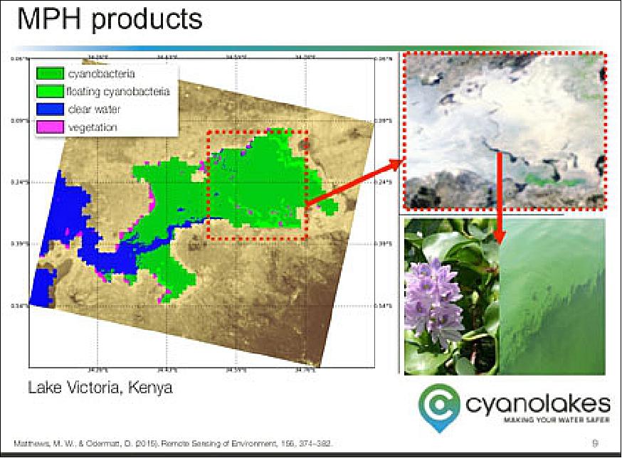 Figure 30: Products from Sentinel-3 and MERIS: The products from the maximum peak height algorithm include cyanobacteria, floating cyanobacteria also known as scum, and floating aquatic vegetation (image credit: the image contains MERIS imagery modified by CyanoLakes Pty Ltd.)