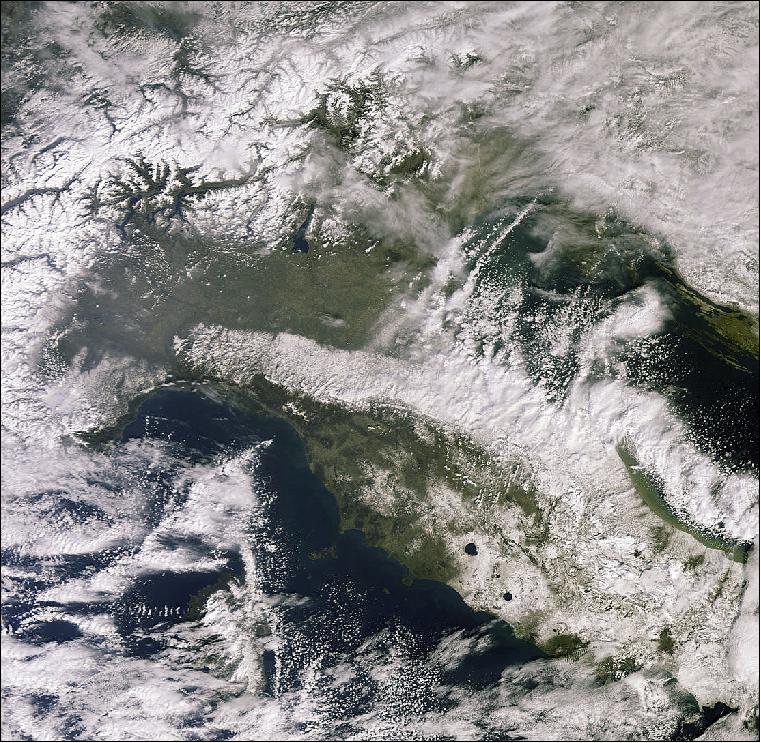 Figure 26: Sentinel-3A image of northern Italy, acquired on 27 Feb. 2018, showing in partucular the snow-capped Apennine mountain range (image credit: ESA, the image contains modified Copernicus Sentinel data (2018), processed by ESA, CC BY-SA 3.0 IGO)
