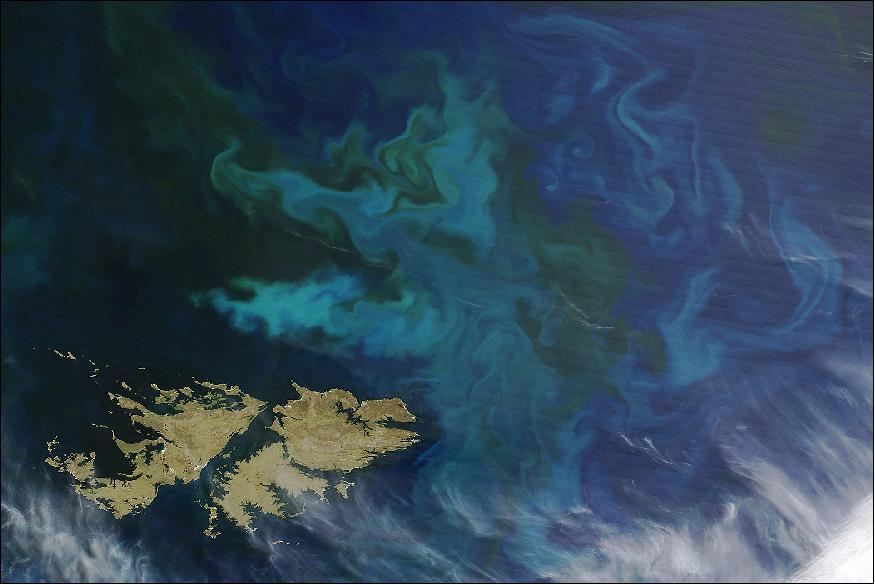 Figure 23: A typical OLCI ocean color image of Sentinel-3A (image credit: NASA Earth Observatory, image by Jeff Schmaltz, LANCE/EOSDIS Rapid Response)