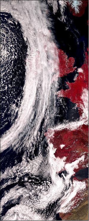 Figure 17: The SLSTR instrument on Sentinel-3B captured this image on 9 May 2018. It shows a low pressure system over the UK and Ireland, France, the Bay of Biscay, Spain and part of north Africa. Vegetation appears in red (image credit: ESA, the image contains modified Copernicus Sentinel data (2018), processed by EUMETSAT)