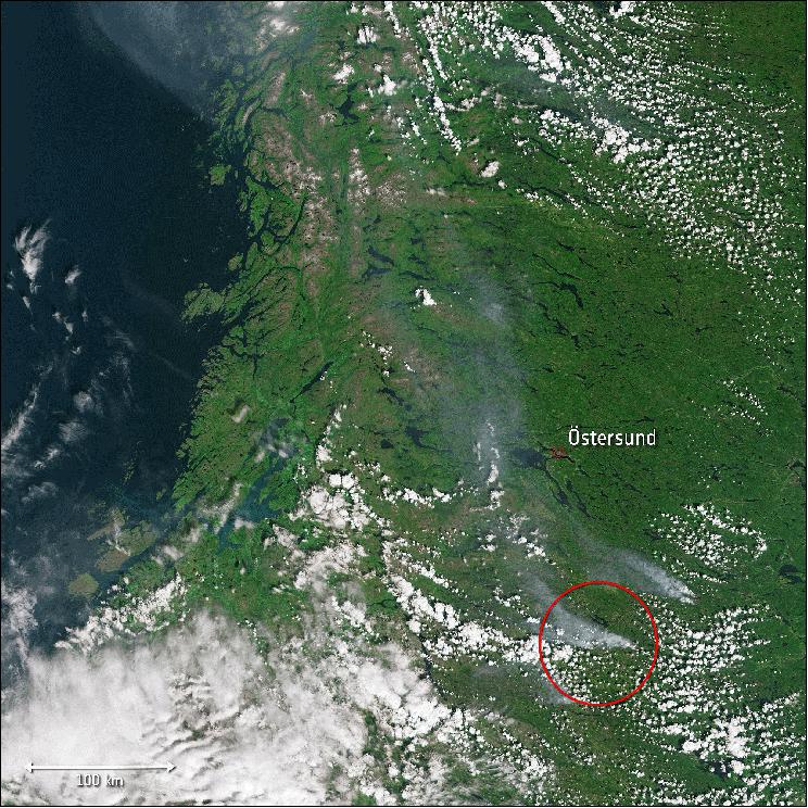 Figure 9: The wider view, which stretches from the west coast of Norway to central Sweden, was captured by Sentinel-3 on 17 July 2018. Here, smoke can be seen billowing from several fires (image credit: ESA, the image contains modified Copernicus Sentinel data (2018), processed by ESA)
