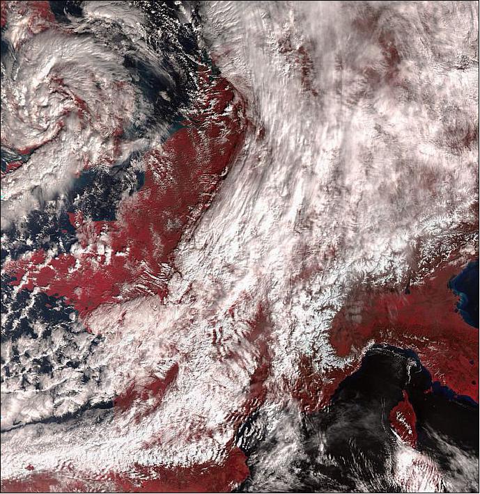 Figure 57: Acquired with the SLSTR instrument's visible channels on 2 March 2016 at 10:04 GMT, this false-color image features a large part of Europe showing vegetated areas in red. Moreover, the image demonstrates the instrument's 1400 km-wide swath. The image also clearly shows storm Jake over the UK (image credit: Copernicus data (2016))