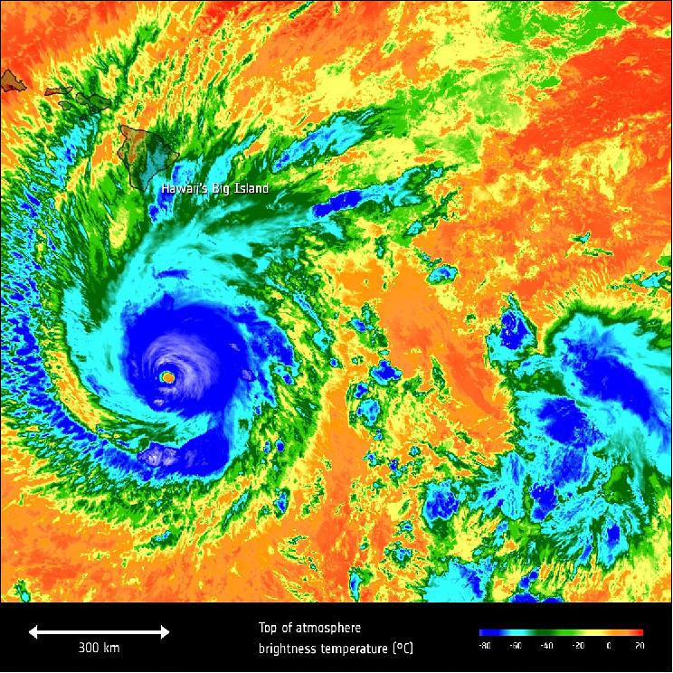 Figure 7: The Copernicus Sentinel-3 mission takes the temperature of Hurricane Lane on 22 August as it headed for Hawaii (image credit: ESA, the image contains modified Copernicus Sentinel data (2018), processed by ESA, CC BY-SA 3.0 IGO)