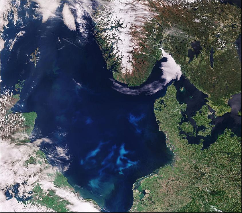 Figure 6: This true-color image taken using Sentinel-3's OLCI (Ocean and Land Color Instrument) shows a significant algae bloom. The image was captured on 27 May 2017 (image credit: ESA, the image contains modified Copernicus Sentinel data (2017), processed by ESA, CC BY-SA 3.0 IGO)