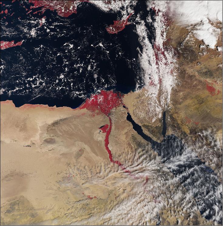 Figure 54: This SLSTR (Sea and Land Surface Temperature Radiometer) image of Sentinel-3A was acquired on March 3, 2016 showing the River Nile and the extensive Nile Delta (image credit: ESA, the image contains modified Copernicus Sentinel data [2016], processed by ESA)