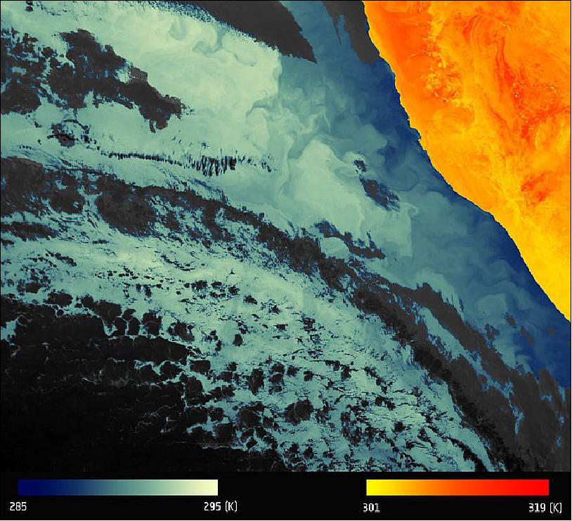 Figure 53: Thermal signature of the Namibian coastline observed by SLSTR on Sentinel-3A (image credit: ESA, the image contains modified Copernicus Sentinel data (2016))