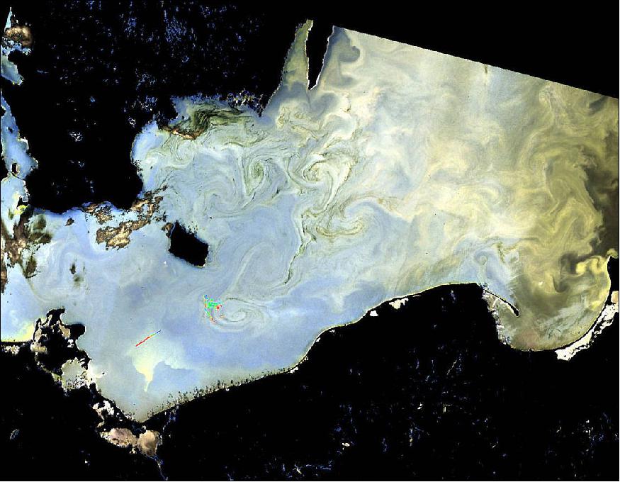 Figure 52: Baltic swirls - captured by Sentinel-3A on 23 June 2016, this image shows an algae bloom in the Baltic Sea. The image was captured with its OLCI (Ocean and Land Color Instrument), which provides biogeochemical measurements to monitor, for example, concentrations of algae, suspended matter and chlorophyll in seawater. The colored tracks in the image are temperature measurements from a zeppelin, which was used as part of HZG (Helmholtz-Zentrum Geesthacht) Clockwork Ocean project. Satellite imagery was used to help locate these eddies (image credit: ESA, the image contains modified Copernicus Sentinel data (2016)/HZG)