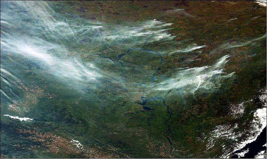 Figure 50: As numerous wildfires continue to burn in Siberia, the Copernicus Sentinel-3A satellite has captured images of huge smoke plumes, acquired on Sept. 14, 2016, stretching 2000 km and winds blowing the smoke to the west (image credit: ESA, the image contains modified Copernicus Sentinel data (2016), processed by ESA)
