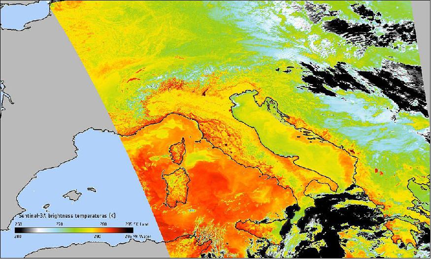 Figure 45: The image, which stretches from northern France and Belgium to Italy and western Greece, is an example of first-level data from the radiometer. It shows ‘brightness temperature', which corresponds to radiation emitted from the surface (image credit: ESA, the image contains modified Copernicus Sentinel data (2015), processed by ESA)