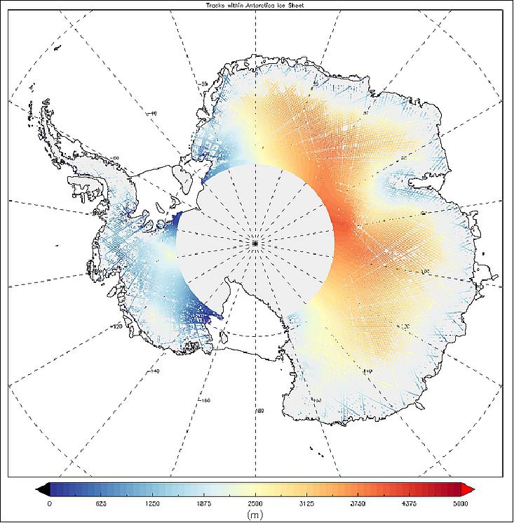Figure 44: The SRAL (SAR Radar Altimeter) of the Sentinel-3A spacecraft measured the height of the Antarctic ice sheet (image credit: ESA, the image contains modified Copernicus Sentinel data (2015), processed by UCL–MSSL)
