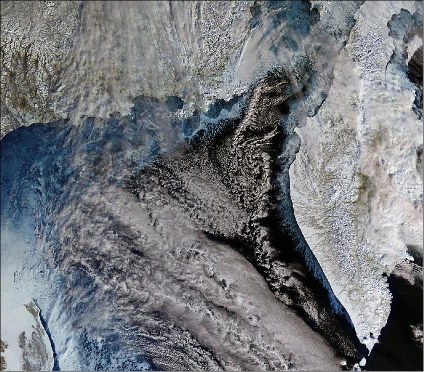 Figure 43: The OLCI (Ocean and Land Color Instrument) on Sentinel-3A image of the Kamchatka Peninsula (on the right side) was acquired on Feb. 15, 2017 (image credit: ESA, the image contains modified Copernicus Sentinel data (2017), processed by ESA)