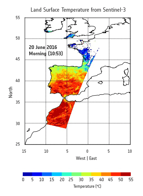 Figure 51: The animation shows the difference in the day and night temperatures of the land surface. These daytime measurements were taken by Sentinel-3A's radiometer on 20 June 2016 and the night time readings were taken on 21 June (image credit: ESA, the image contains modified Copernicus Sentinel data (2016))