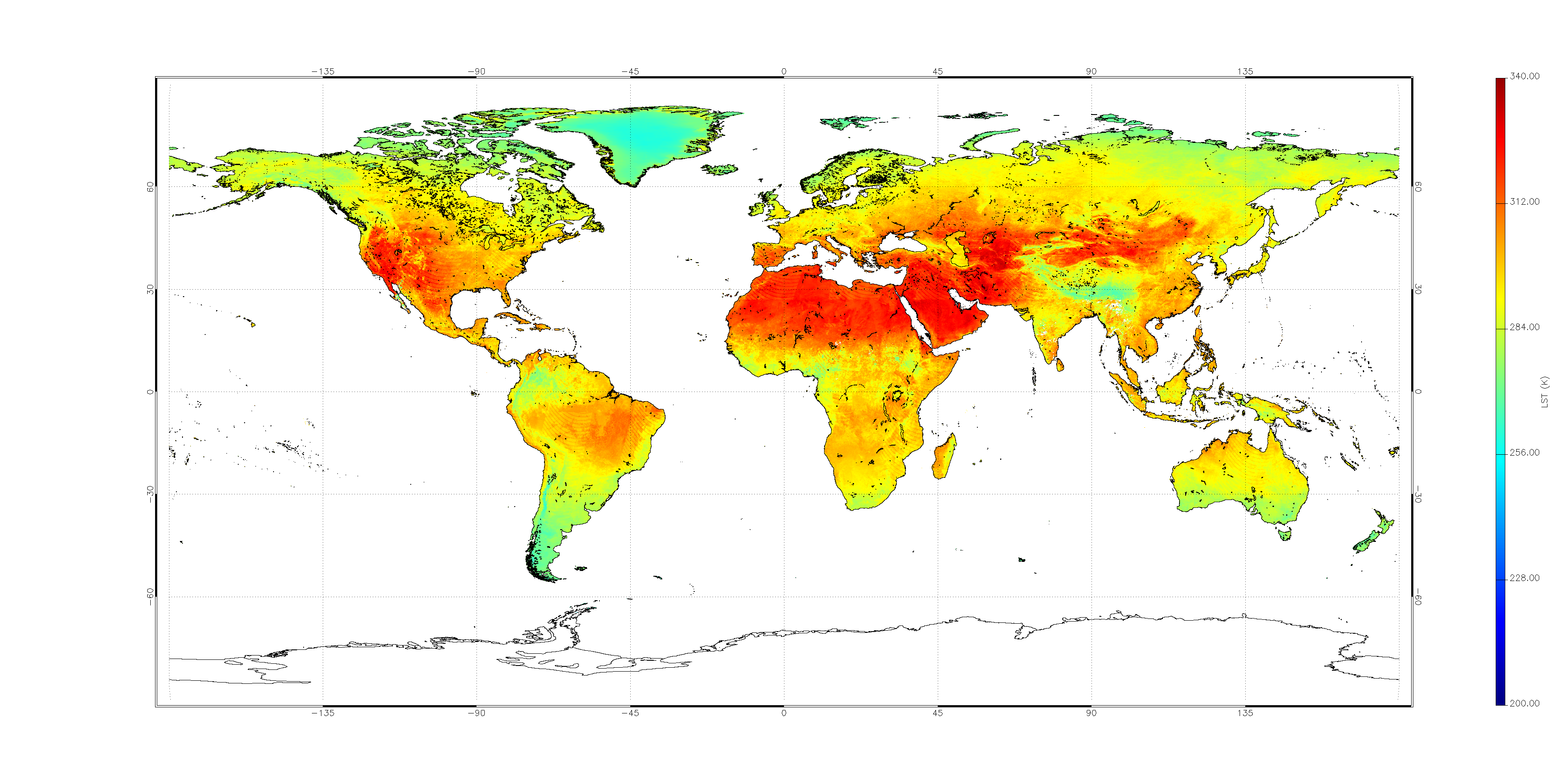 Figure 40: Sentinel-3A senses Earth's heat: Information from Sentinel-3A's radiometer, which measures radiation emitted from Earth's surface, reveal how the temperature of Earth's land changes between July and November 2016. Measurements are in kelvin (image credit: ESA, the image contains modified Copernicus Sentinel data (2016), processed by UK National Center for Earth Observation/University of Leicester)