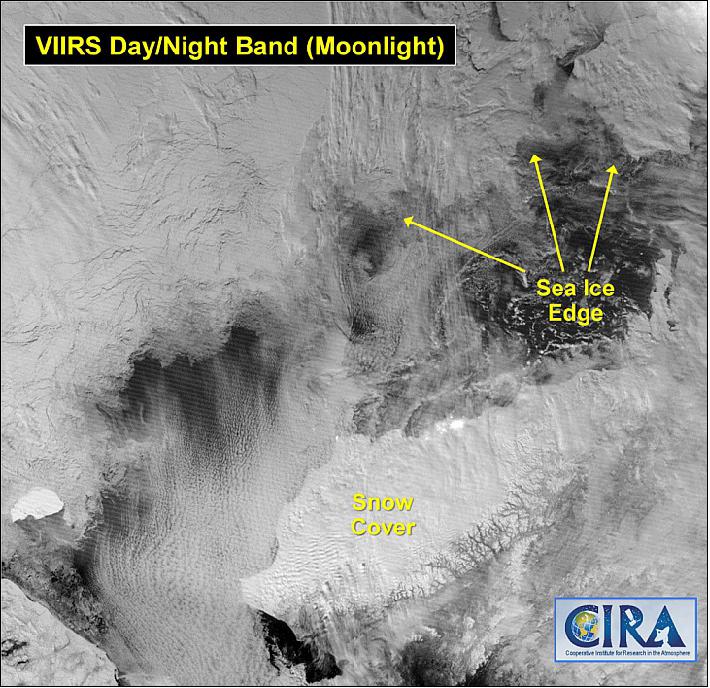 Figure 84: VIIRS image of of Alaska and the Chukchi and Beaufort Seas taken under moonlight. DNB provides high-contrast imagery even under the low thermal contrast conditions prevalent in the Arctic winter [image credit: NOAA/CIRA (NOAA/Cooperative Institute for Research in the Atmosphere)at Colorado State University)]