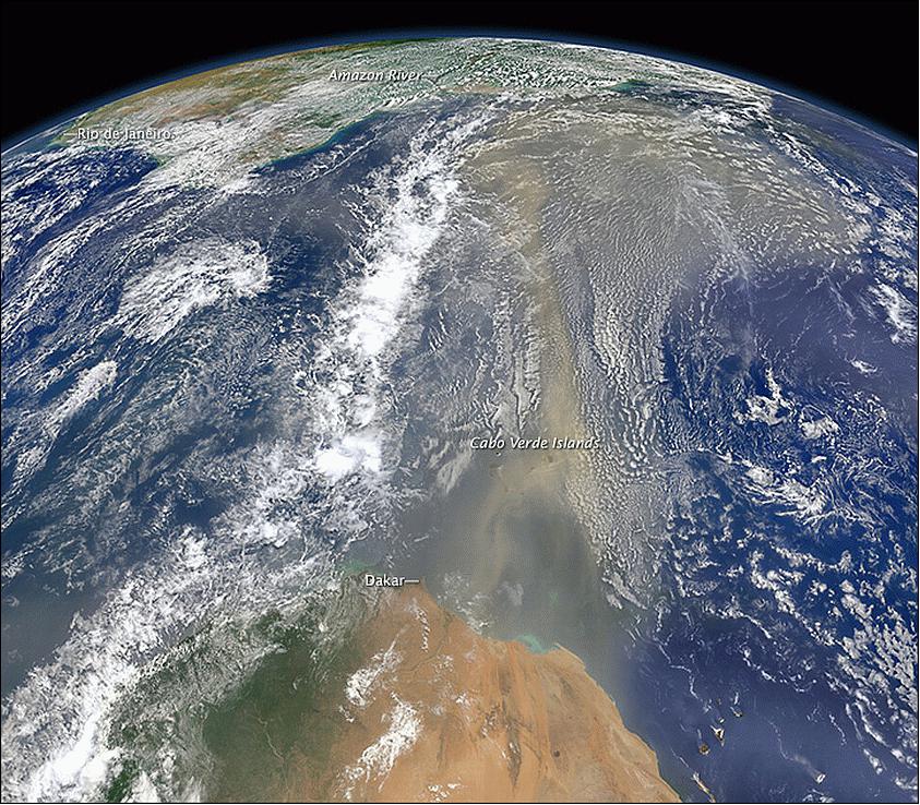 Figure 81: The composite image, acquired with data from VIIRS on Suomi NPP, shows dust heading west toward South America and the Gulf of Mexico on June 25, 2014 (image credit: NASA Earth Observatory)