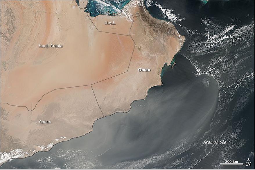 Figure 80: VIIRS image of the persistent sand storm on the Southern Arabian Peninsula acquired on Feb. 24, 2015 (image credit: NASA Earth Observatory, Jesse Allen)