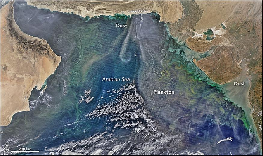 Figure 74: VIIRS on Suomi NPP acquired on Dec. 21, 2015 this image of a phytoplankton bloom off the coast of Oman (left), Pakistan (center), and India (right), image credit: NASA Earth Observatory, Norman Kuring