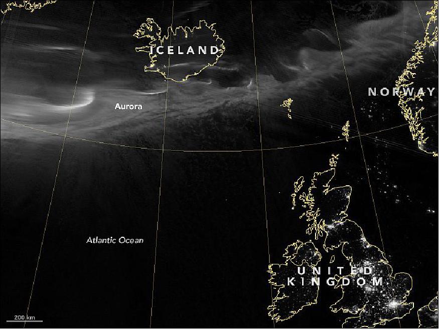 Figure 73: The VIIRS instrument of Suomi NPP acquired this image of the aurora borealis on March 7, 2016 (image credit: NASA Earth Observatory , Adam Volland)