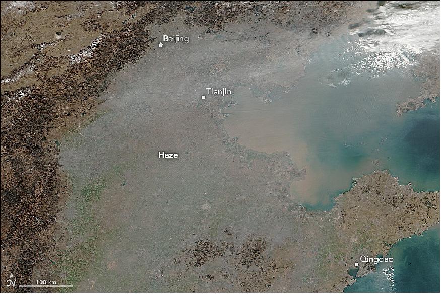 Figure 66: VIIRS on the Suomi NPP satellite acquired this natural-color image of northeastern China on December 6. Photos taken from the ground also showed low visibility—less than 200 m, according to news reports. On December 5, People's Daily reported smog blanketing more than 60 Chinese cities (image credit: NASA Earth Observatory, image by Jeff Schmaltz)