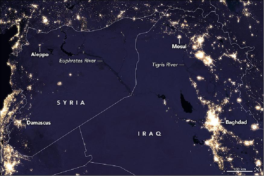 Figure 59: VIIRS image on Suomi NPP of the Syria and Irak region acquired in 2016 (image credit: NASA Earth Observatory, images by Joshua Stevens, story by Michael Carlowicz)