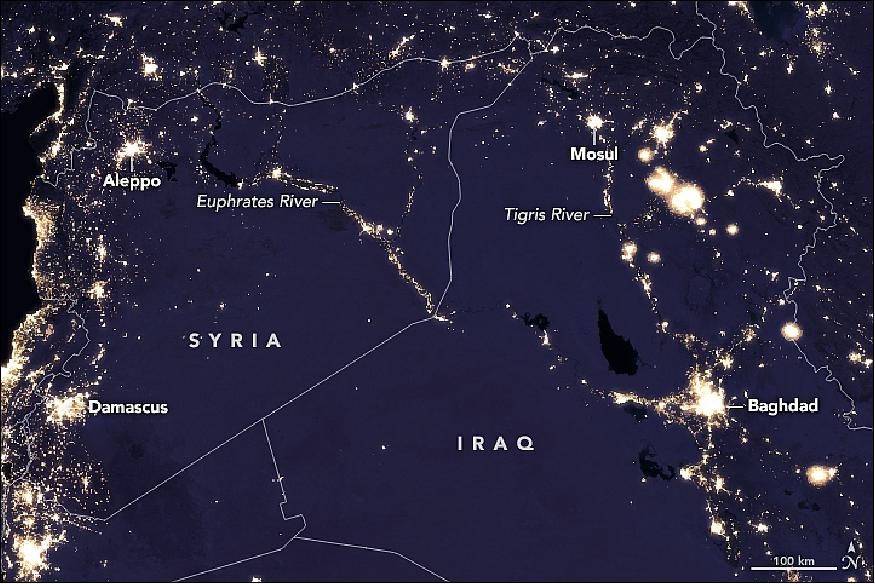 Figure 58: VIIRS image on Suomi NPP of the Syria and Irak region acquired in 2012 (image credit: NASA Earth Observatory, images by Joshua Stevens, story by Michael Carlowicz)