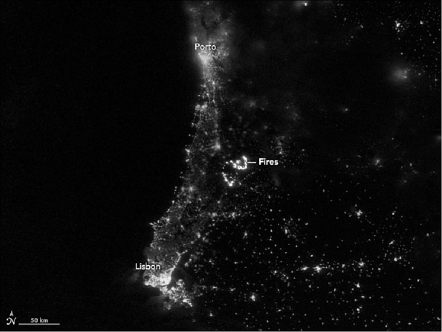 Figure 56: VIIRS nighttime image of the fires in Portugal acquired on June 19, 2017 (image credit: NASA Earth Observatory, image by Jesse Allen, using VIIRS day-night band data from the Suomi NPP, story by Kathryn Hansen)