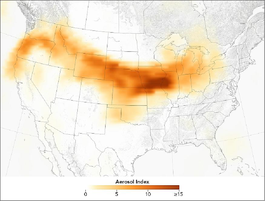 Figure 53: The OMPS map depicts relative aerosol concentrations, with lower concentrations appearing in yellow and higher concentrations appearing in dark orange-brown (image credit: NASA Earth Observatory, images by Joshua Stevens and Jesse Allen, using Suomi NPP OMPS data provided courtesy of Colin Seftor (SSAI), Story by Adam Voiland)