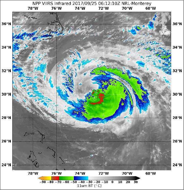 Figure 48: The VIIRS instrument aboard NASA-NOAA's Suomi NPP satellite provided this infrared image of Hurricane Maria. Coldest cloud tops (red) and strongest storms were in the southeastern quadrant (image credit: NOAA/NASA Goddard Rapid Response Team)