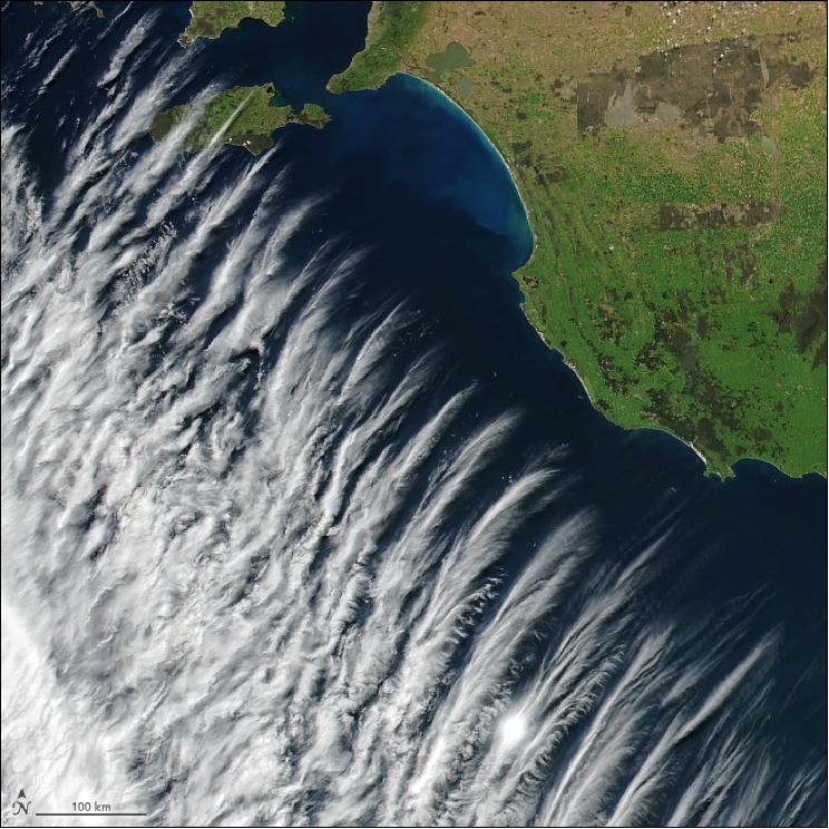 Figure 45: The VIIRS instrument captured this unusual cloud pattern on 17 Oct. 2017 (image credit: NASA Earth Observatory, image by Joshua Stevens using VIIRS data from LANCE/EOSDIS Rapid Response. Story by Kathryn Hansen)