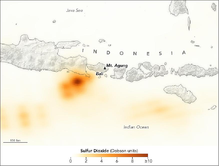 Figure 44: SO2 concentrations detected over Mount Agung on 28 November with OMPS on Suomi NPP (image credit: NASA Earth Observatory, image by Joshua Stevens, using OMPS data from the Goddard Earth Sciences Data and Information Services Center (GES DISC). Story by Kathryn Hansen)