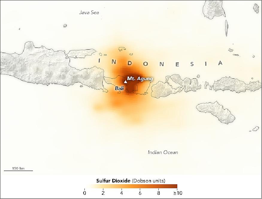 Figure 43: SO2 concentrations detected over Mount Agung on 27 November with OMPS on Suomi NPP (image credit: NASA Earth Observatory, image by Joshua Stevens, using OMPS data from the Goddard Earth Sciences Data and Information Services Center (GES DISC). Story by Kathryn Hansen)