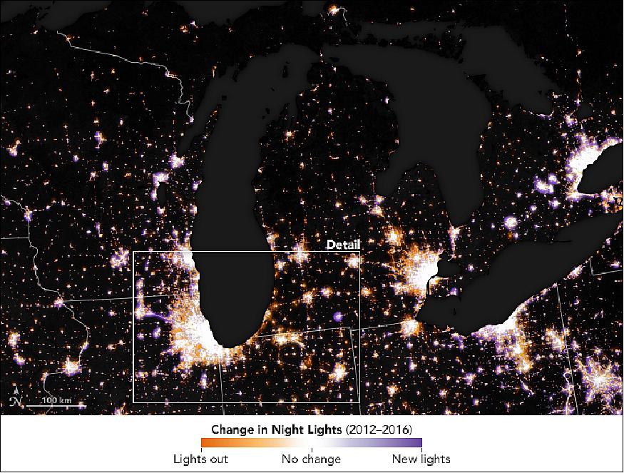 Figure 40: Context image of the Great Lakes region of VIIRS on Suomi NPP showing the change in night lights in the period 2012-2016 (image credit: NASA Earth Observatory, images by Joshua Stevens, using Suomi NPP VIIRS data from Miguel Román, NASA GSFC. Story by Adam Voiland)