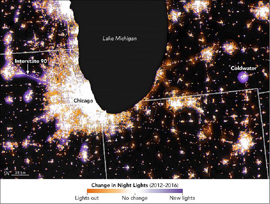 Figure 38: Detail map of VIIRS on Suomi NPP showing the change in night lights in the period 2012-2016 (image credit: NASA Earth Observatory, images by Joshua Stevens, using Suomi NPP VIIRS data from Miguel Román, NASA GSFC. Story by Adam Voiland)