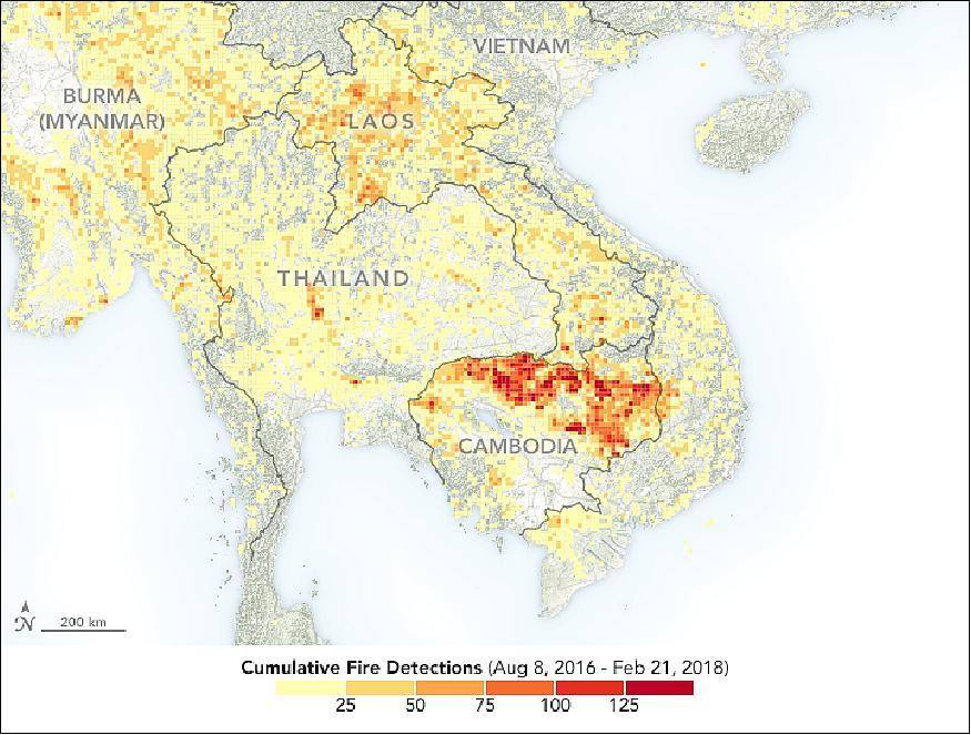 Figure 34: VIIRS has detected four-to-five times as many fires in northern Cambodia as it did in Vietnam and Thailand between August 2016 and February 2018 (acquired February 21, 2018). Northern Laos also had a relatively high number of fires (image credit: NASA Earth Observatory, images by Joshua Stevens, using fire data from the VIIRS Active Fire team, story by Adam Voiland)