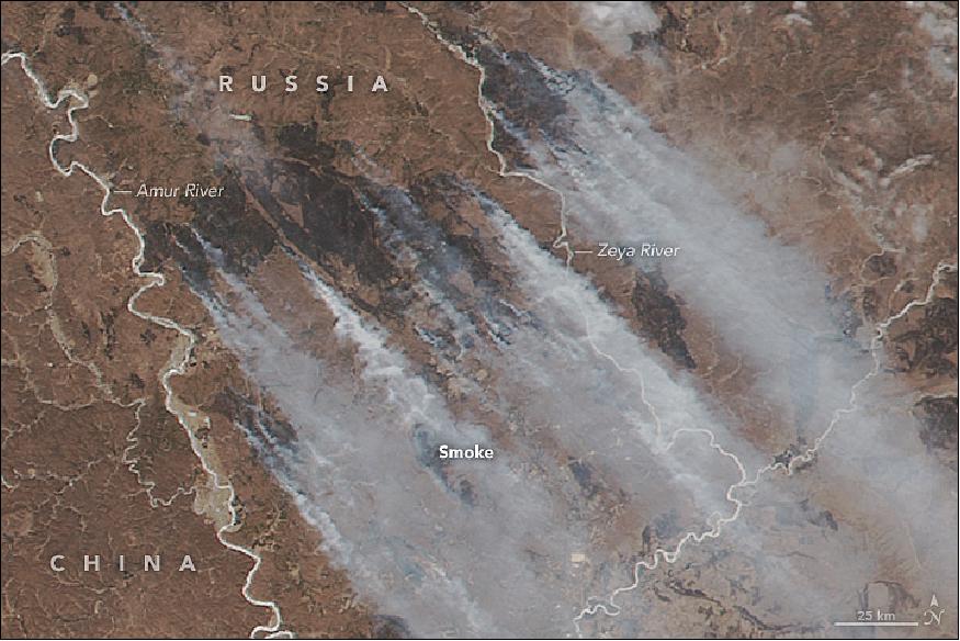 Figure 29: VIIRS on the Suomi NPP satellite captured this natural-color image of smoke streaming from several fires on April 4, 2018. Recently charred areas appear black. Rivers, still ice-covered, are white (image credit: NASA Earth Observatory, images by Jeff Schmaltz, LANCE/EOSDIS Rapid Response. Story by Adam Voiland)