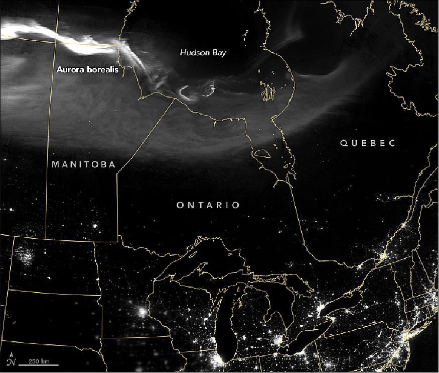 Figure 28: At 2:46 a.m. Central Daylight Time (07:46 Universal Time) on April 21, 2018, VIIRS (Visible Infrared Imaging Radiometer Suite) on the Suomi NPP satellite acquired this image of the aurora borealis over North America. The nighttime image was made possible through VIIRS "day-night band," which detects light in a range of wavelengths from green to near-infrared and uses filtering techniques to observe signals such as airglow, auroras, wildfires, city lights, and reflected moonlight (image credit: NASA Earth Observatory, image by Joshua Stevens, using VIIRS day-night band data from the Suomi National NPP, story by Mike Carlowicz)