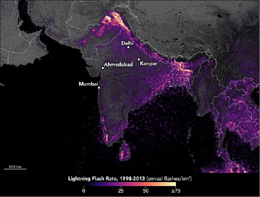 Figure 25: This map shows the annual average number of lightning flashes in India from 1998–2013. The visualization was made from data acquired by the LIS (Lightning Imaging Sensor) on NASA's TRMM (Tropical Rainfall Measuring Mission) satellite and compiled by the GHRC (Global Hydrology Resource Center). Southeastern India usually experiences increased lightning activity before a monsoon season, as heating and weather patterns become unstable and changeable (image credit: NASA Earth Observatory, image by Joshua Stevens, using lightning climatology data from GHRC Lightning & Atmospheric Electricity Research, story by Kasha Patel)