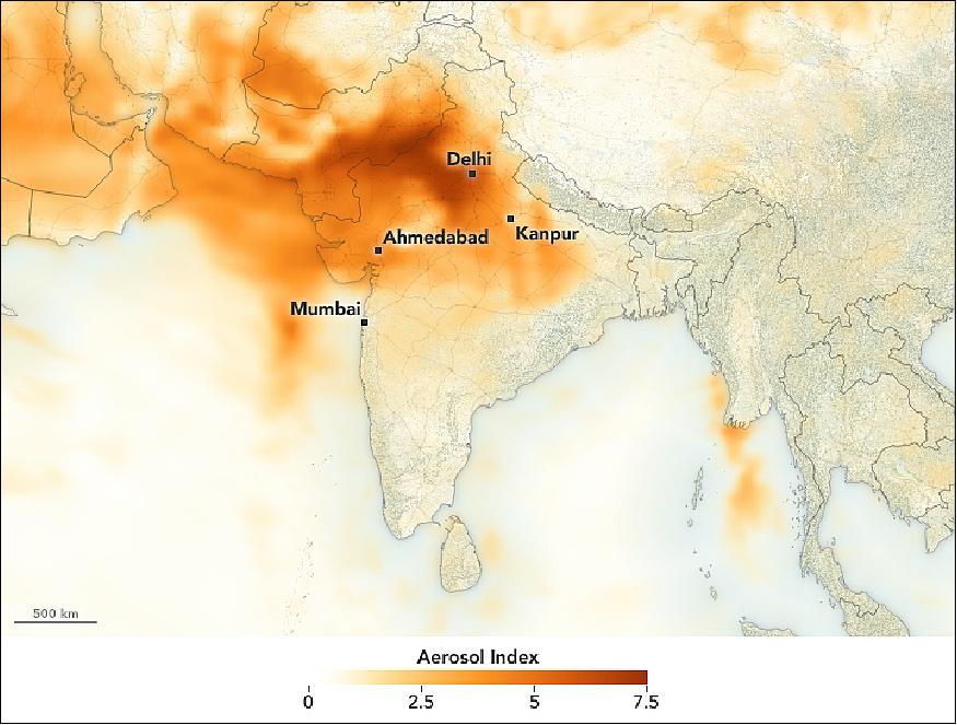 Figure 24: This map shows aerosols, including dust, over northern India on May 14, 2018, around the time of the second dust storm. The aerosol measurements were recorded by OMPS (Ozone Mapping and Profiler Suite) on the Suomi NPP satellite. The dust is naturally blocked from moving north by the Himalayan mountain range. In addition to causing accidents and poor air quality, dust aerosols can influence the amount of heat transmitted to Earth‘s surface by either scattering or absorbing incoming sunlight (image credit: NASA Earth Observatory, image by Joshua Stevens, using OMPS data from NASA's NPP Ozone Science Team, story by Kasha Patel)