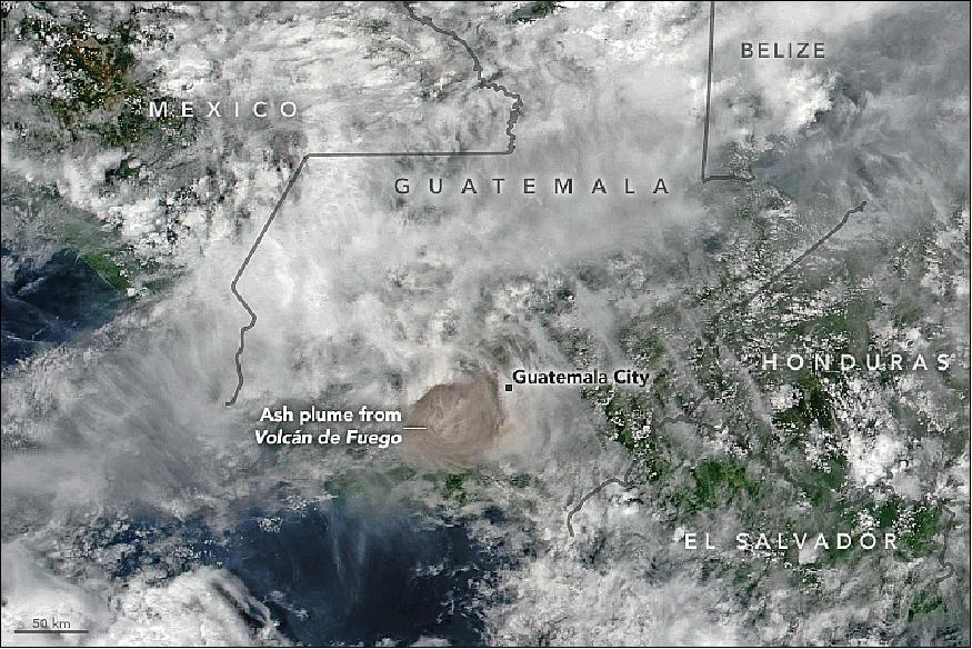 Figure 22: VIIRS (Visible Infrared Imaging Radiometer Suite) on Suomi NPP acquired this image of the ash plume at 1 p.m. local time (19:00 UTC) on June 3, 2018, after the ash (brown) had punched through a deck of clouds. A report from the Washington Volcanic Ash Advisory Center estimated the plume's maximum height at 15 km. Imagery from a geostationary satellite showed winds blowing the plume to the east. The eruption deposited ash on several communities surrounding the volcano, including Guatemala City, which is 70 km to the east (image credit: NASA Earth Observatory, image by Joshua Stevens, using VIIRS data from the Suomi NPP, story by Adam Voiland)