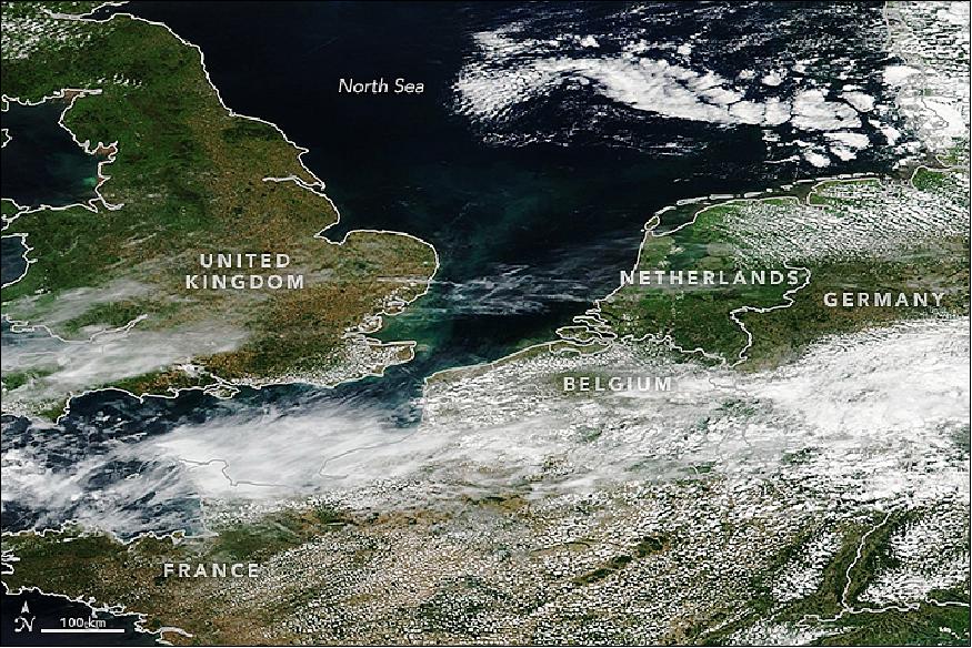 Figure 17: MODIS image of the landscape of the United Kingdom and northwestern Europe as of 17 July 2017 (image credit: NASA Earth Observatory, image by Lauren Dauphin, using MODIS data from LANCE/EOSDIS Rapid Response. Story by Kasha Patel)
